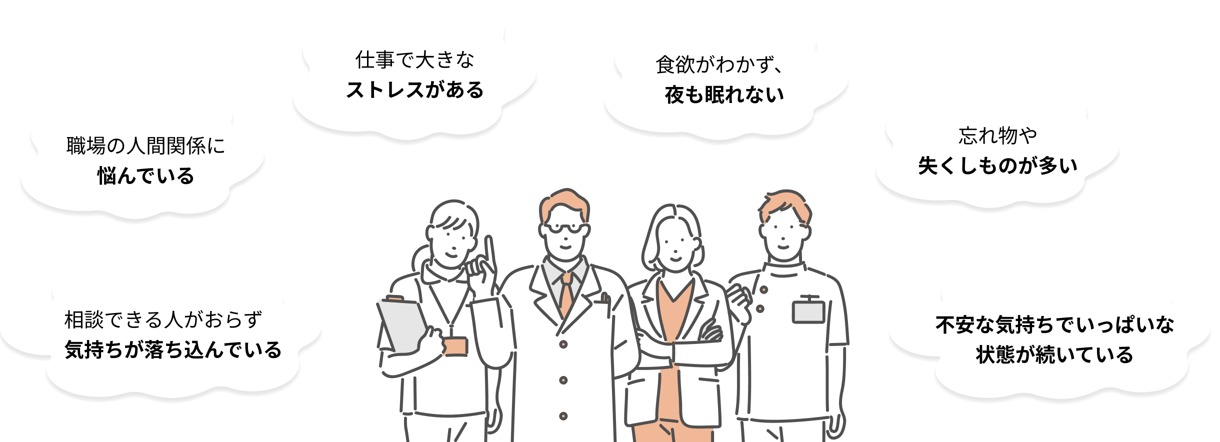 相談できる人がおらず気持ちが落ち込んでいる/職場の人間関係に悩んでいる/仕事で大きなストレスがある